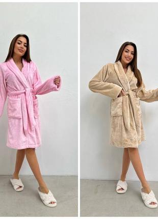 Теплий махровий халат жіночий на запах з поясом бежевий, рожевий9 фото