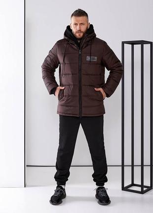 Тёплый мужской спортивный костюм тройка курточка брюки штаны кофта худи свитер коричневый хаки чёрный зимний осенний