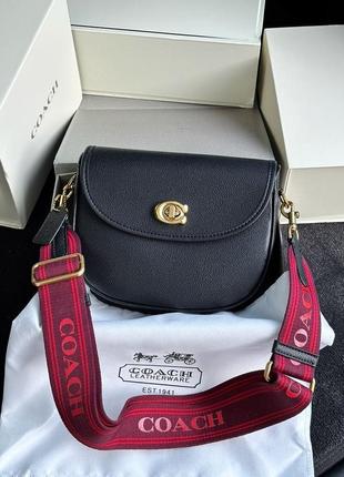Женская сумка coach polished pebble willow saddle bag black premium