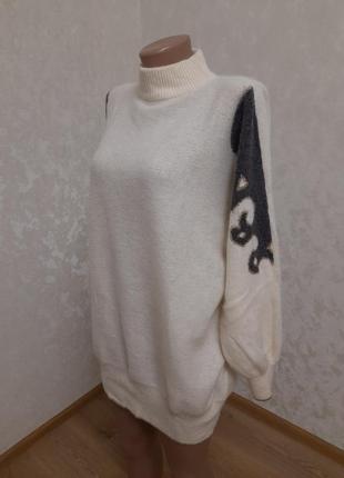Теплое винтажное шерстяное платье удлиненный свитер широкий рукав