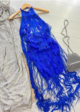 Синее кружевное платье с бахромой2 фото