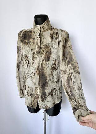 Шелковая блуза высокая горловина шелк бежевая леопардовая анималистичный принт длинный рукав шифон