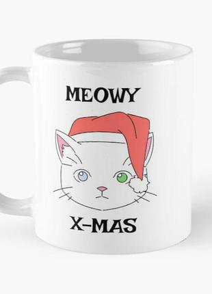 Чашка керамічна кружка з принтом meowy christmas кіт біла 330 мл