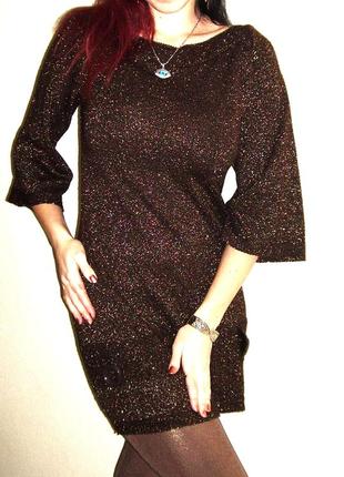 Туніка-сукня тепла демі/зима коричнева шоколадна золотий люрекс р44/46/48 туніка жіноча