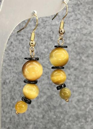 Серьги "джилки" натуральный тигровый глаз и шпинель на увеличение серия афродита фурнитура-золотистая