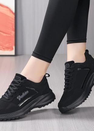 Лёгкие чёрные женские  кроссовки для бега, прогулки, спортивные, на шнуровке, новые, для улицы, весна, лето, осень,3 фото