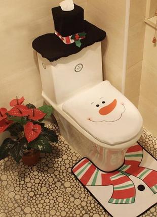 Декор на новий рік, новорічний набір для туалету сніговик, білий, входить: коврик, чехол на кришку та  бачок унітаза, подарунковий