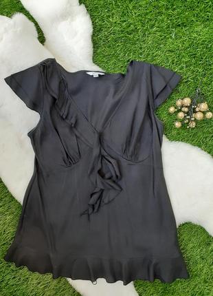 Шелковая 🖤 летняя летящая блуза с рюшами с рукавом бабочкой фактурная отрезная линия груди ворот аскот декольте1 фото