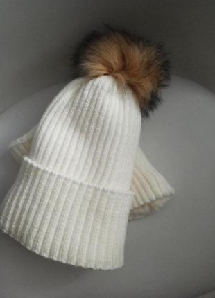 Набор зимняя шапка то хомут утеплены флисом с натуральным помпоном2 фото