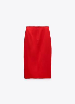 Стильная красная миди юбка zara с разрезом7 фото