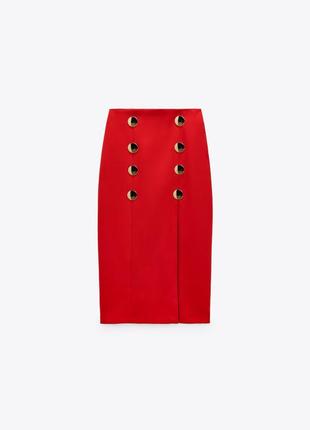 Стильная красная миди юбка zara с разрезом8 фото