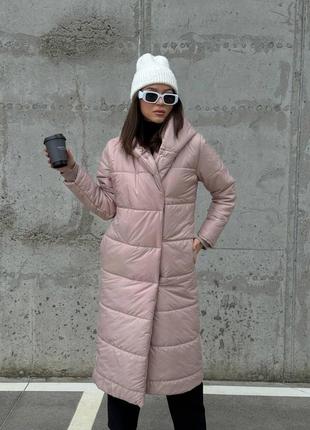 Женская зимняя длинная стеганая куртка с капюшоном на кнопках размеры 42-52