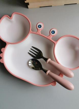 Детская силиконовая тарелка крабик на присоске,поильник , ложка, вилка2 фото