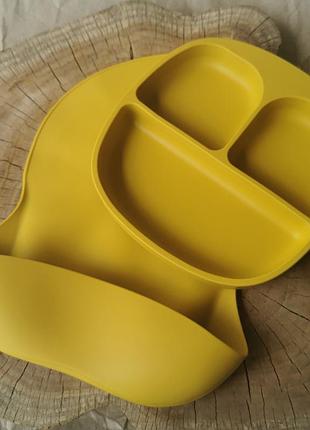 Набір дитячого силіконового посуду для першого прикорму тарілка на присоску слинявчик із кишенею