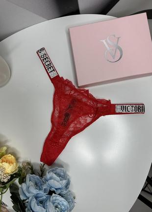 Стринги женские кружевные victoria's secret красные, трусики-стринги кружевные со стразами6 фото