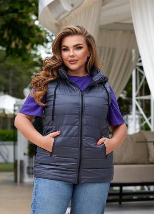 Жилетка стеганная батал на молнии с капюшоном врезные карманы на змейке ткань плащевка синтепон 150 подклад