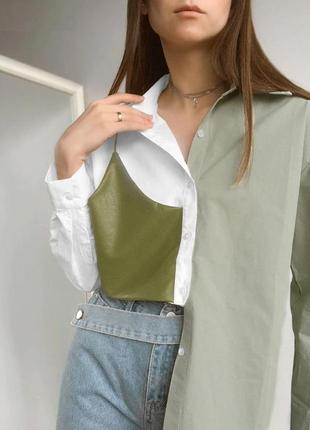 Дизайнерская рубашка с кожаным топом, оливковая стильная двухцветная как zara4 фото