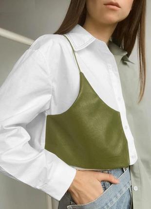 Дизайнерская рубашка с кожаным топом, оливковая стильная двухцветная как zara5 фото