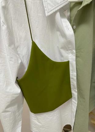 Дизайнерская рубашка с кожаным топом, оливковая стильная двухцветная как zara7 фото