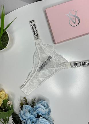 Трусики кружевные стринги victoria's secret белые, женские трусики-стринги кружевные со стразами и камнями