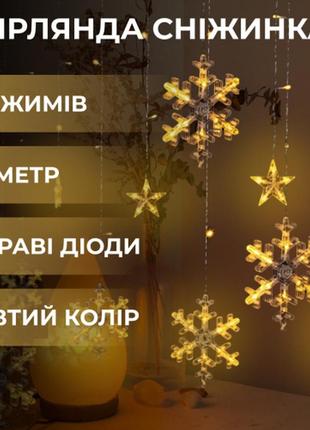 Гірлянда-штора зірки та сніжинки розмір 3*1 м 12 фігур, жовтий