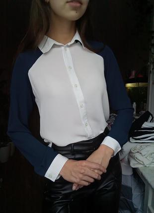 Шифоновая блузка на пуговицах, шифоноварая рубашка класическая, комбинированая рубашка, комбинация цветов1 фото