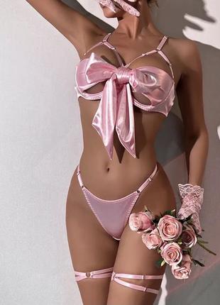 Сексуальный розовый комплект с атласным бантом подарок2 фото
