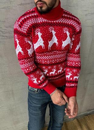 Мужской зимний новогодний свитер красный с оленями с горлом шерстяной гольф с новогодним принтом (b)2 фото