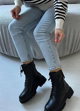 Зимові черевики еко шкіра колір чорний з хутром зима зимні берці зимние берцы ботинки черные мех7 фото