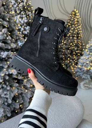 Зимові черевики еко замша колір чорний з хутром зима зимні берці зимние берцы ботинки черные мех9 фото