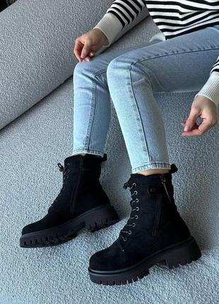 Зимові черевики еко замша колір чорний з хутром зима зимні берці зимние берцы ботинки черные мех