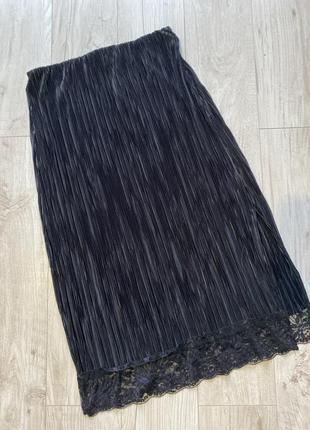 Красивая юбка гофре черная длинная с разрезами 14 хл4 фото