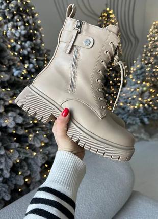 Зимові черевики еко шкіра колір темний беж з хутром зима зимні берці зимние берцы ботинки бежевые мех6 фото