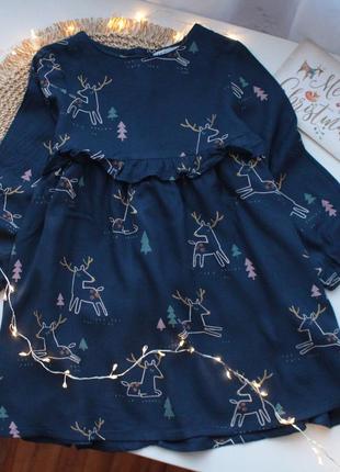 Темно-синее платье из вискозы в новогодний принт m&amp;s 2-3 года