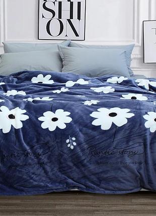 Плед покрывало "романтичная история" белые цветы на синем 160*220 см