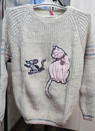 Женский свитер "кот с мышкой"