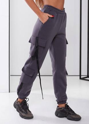 Теплые спортивные штаны карго на резинках с карманами ❤️‍🔥5 фото
