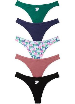 Набор трусиков victoria's secret 5-pack  cotton thong panty хлопковые стринги xs комбинированный1 фото