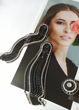Длинные вечерние серьги из страз черного цвета "black diamond"3 фото