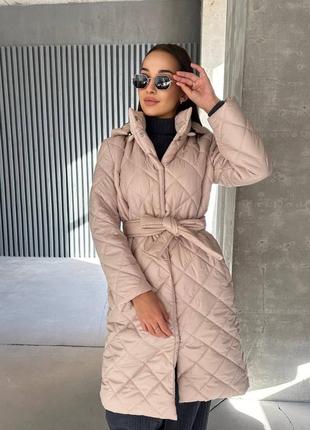 Топова новинка❤️ зимове жіноче пальто ромбик на силіконі якісне тепле з поясом