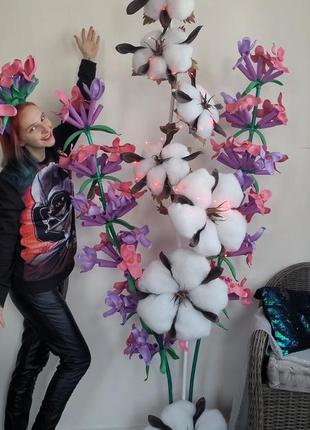 Букет украинский хлопок и лаванда фотозона трендовый декор крупные цветы декорации оформления праздника