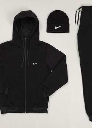 Чоловічий зимовий спортивний костюм nike + шапка чорний комплект найк теплий на флісі (b)