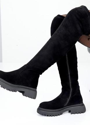 Черные женские ботфорты зимние сапоги чулки теплые на меху натуральный мех эко-замша зима