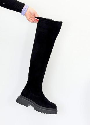 Черные женские ботфорты зимние сапоги чулки теплые на меху натуральный мех эко-замша зима