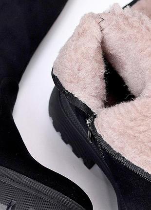 Черные женские ботфорты зимние сапоги чулки теплые на меху натуральный мех эко-замша зима