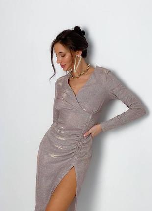 Ефектна люрексова святкова сукня з розрізом на нозі яскраве плаття міді