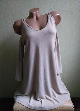 Туника с открытыми плечами. лонгслив макси. теплое платье. трапеция, клеш. айвори, бежевый меланж.