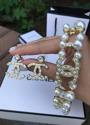 Брендовий набір chanel , чокер з перлинами та сережки у камінцях