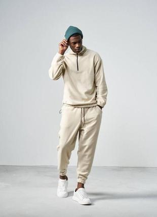 Чоловічий флісовий спортивний оверсайз костюм молочний комплект зимовий плюшевий худі та штани (b)