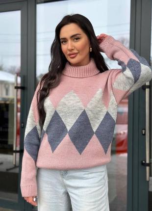 Теплий жіночий светр з ромбиками з підворотом зимовий5 фото